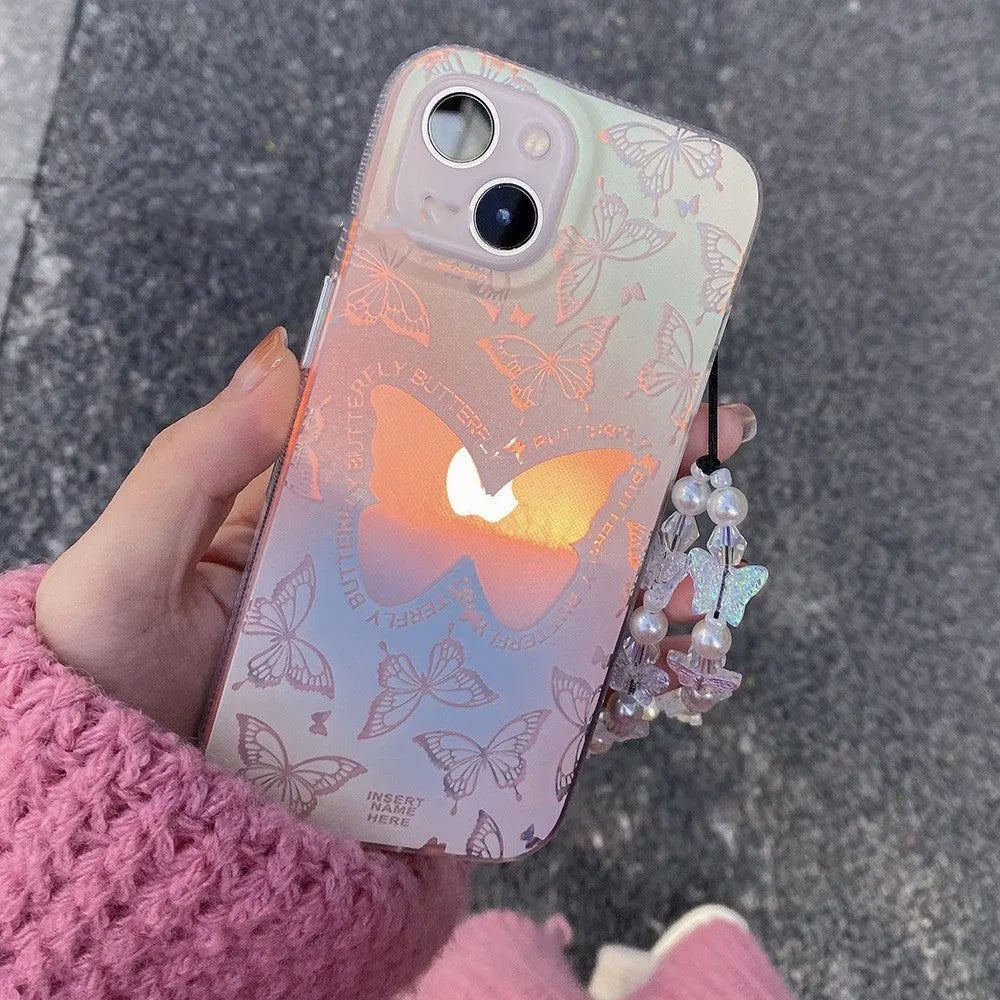 Laser gradient butterfly TPU phone case for iPhone with optional chain, anti-fall protection, Japanese Ins style