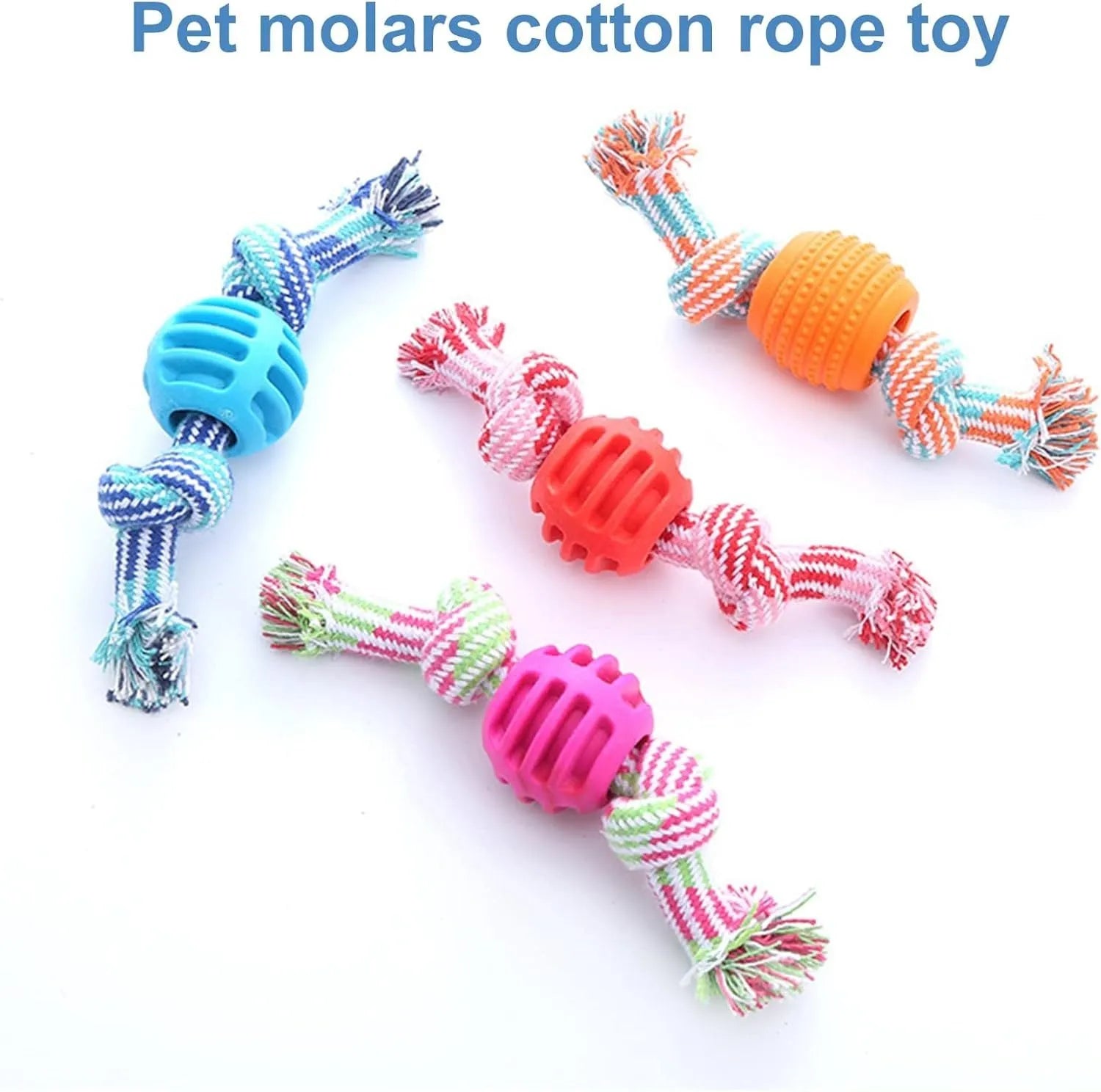 Blue molar-shaped dog chew toy with an integrated rope for dental care and play.