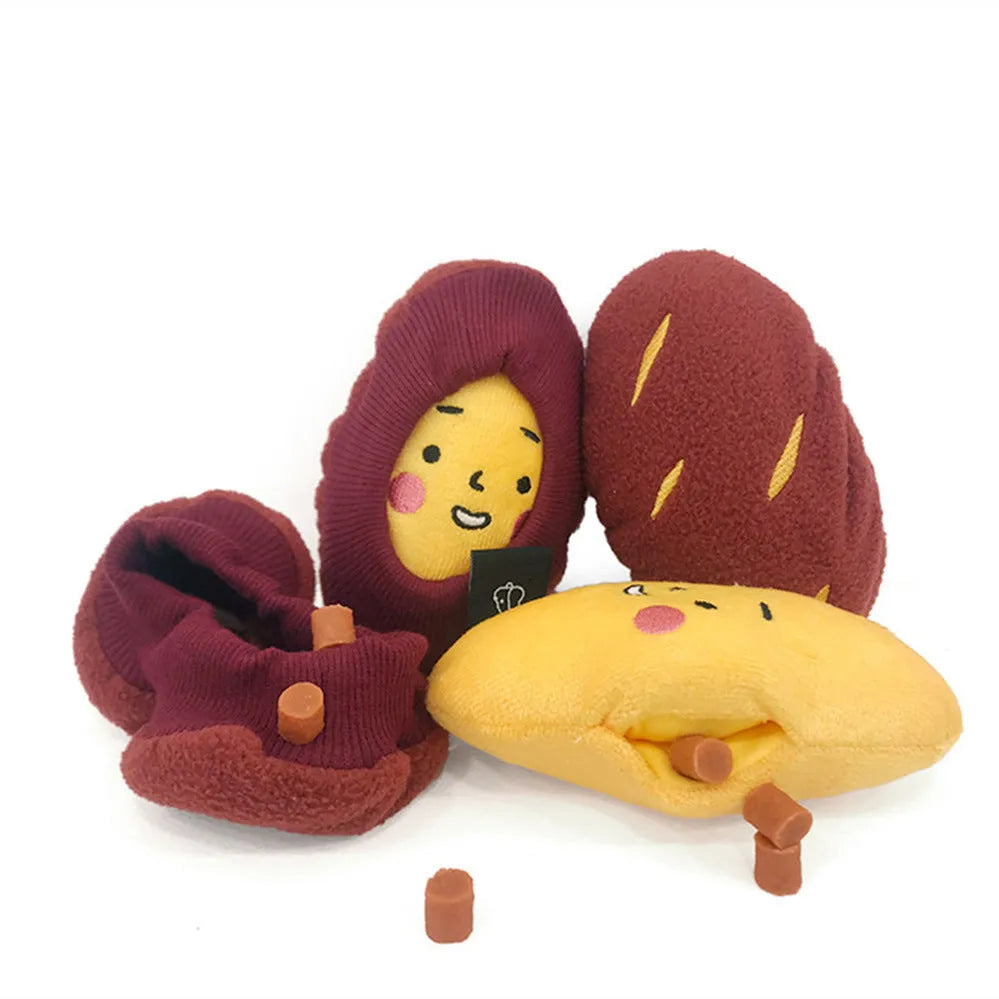 Red sweet potato pet puzzle toy with removable inner piece and hidden treat pocket for dogs and cats