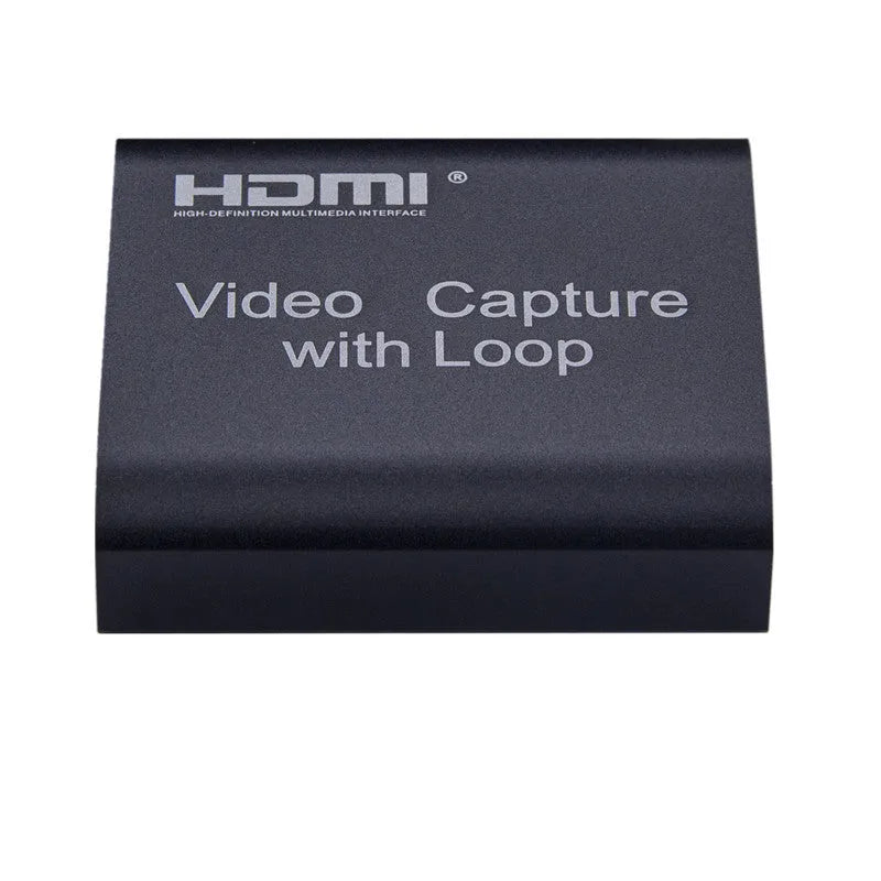 Black HDMI 4K video capture card with USB interface and loop out for high-definition acquisition
