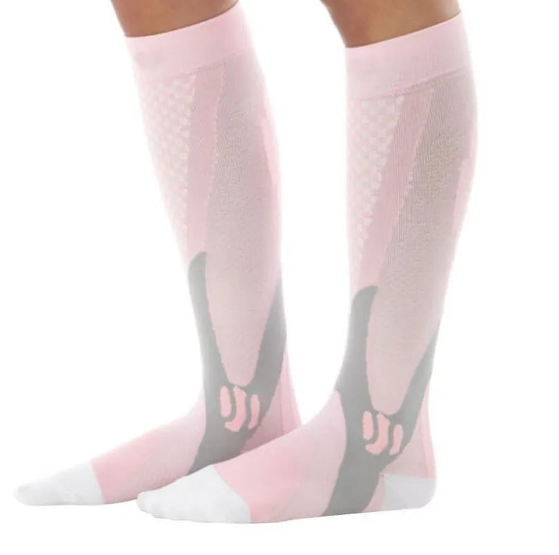 Unisex graduated compression socks in various colours with size measurement details