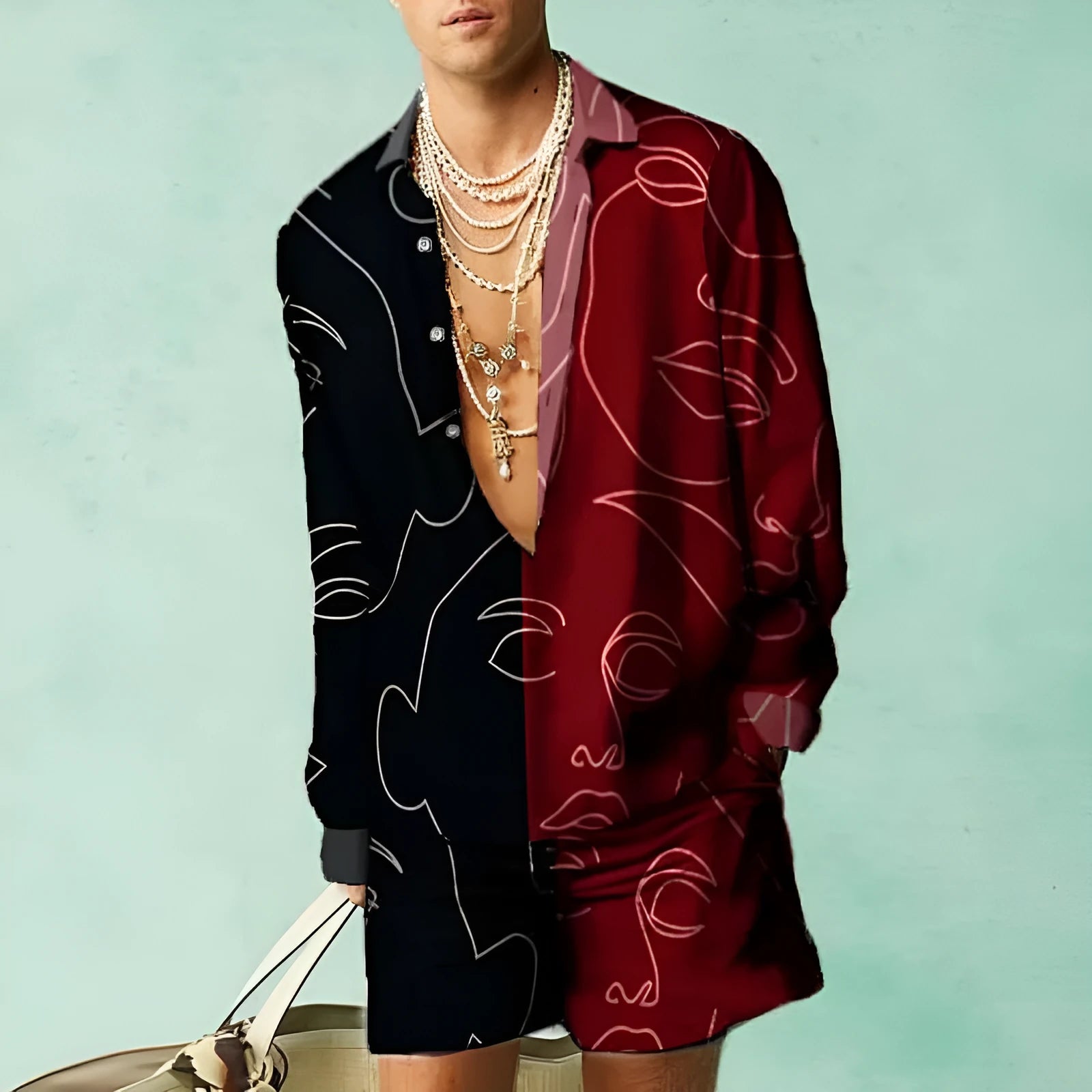 Casual slim-fit polyester shirt and matching shorts set on a model, showing the coordinated summer outfit.