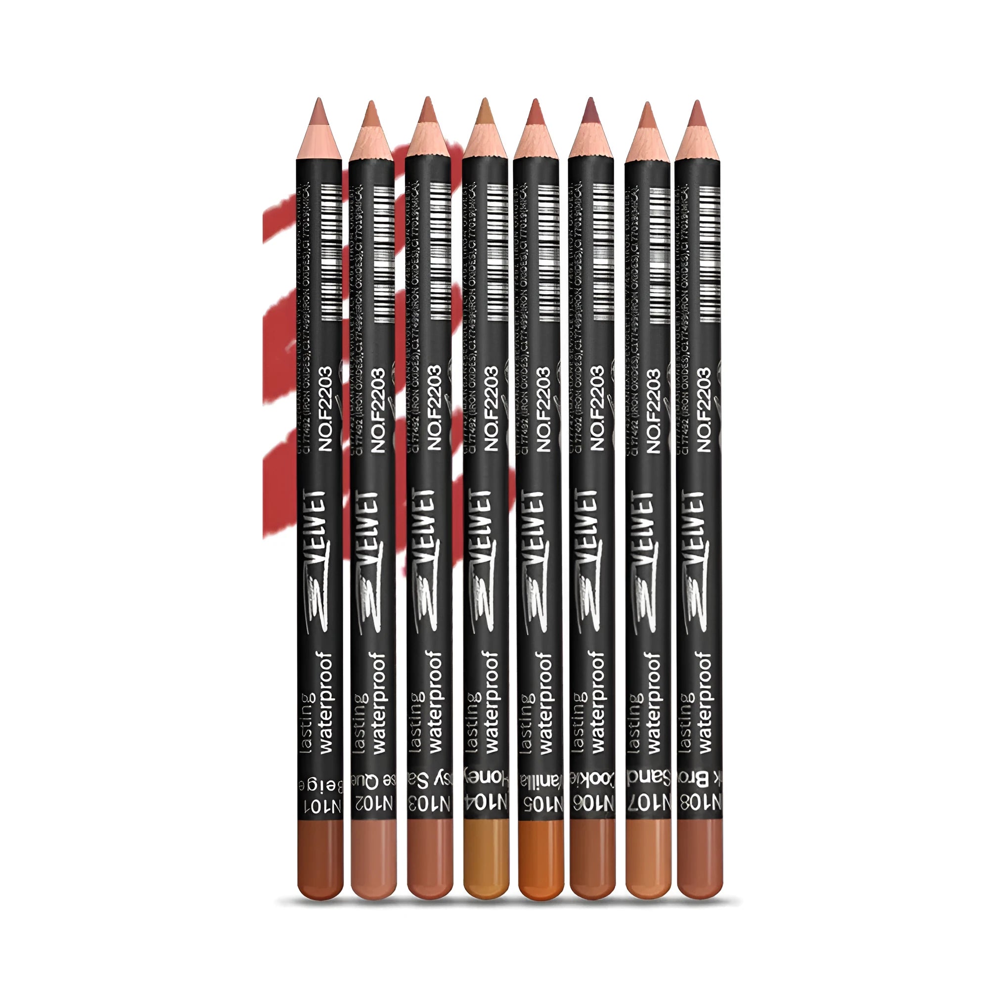 Long-lasting matte lip liner pencil in a wooden case, shown with colour swatches of its 14 available shades.