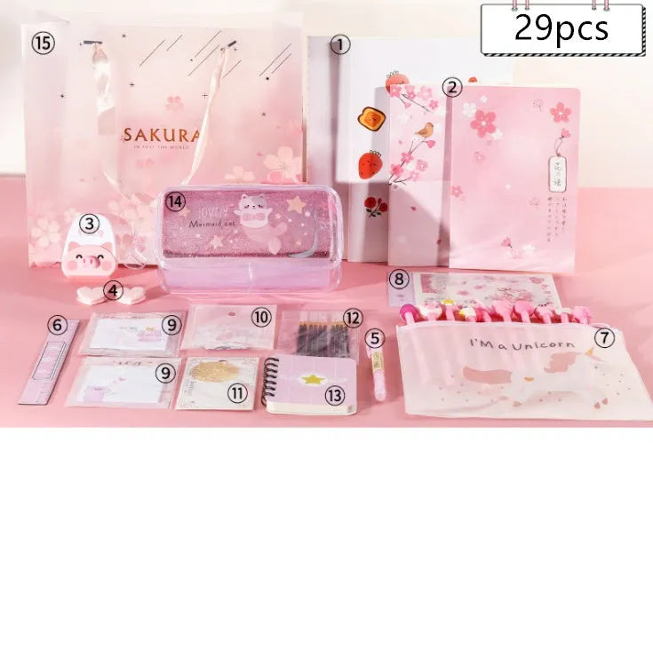 Stationery gift set showing notebooks, pens, correction tape, file bag, and accessories in 29-piece and 31-piece options.
