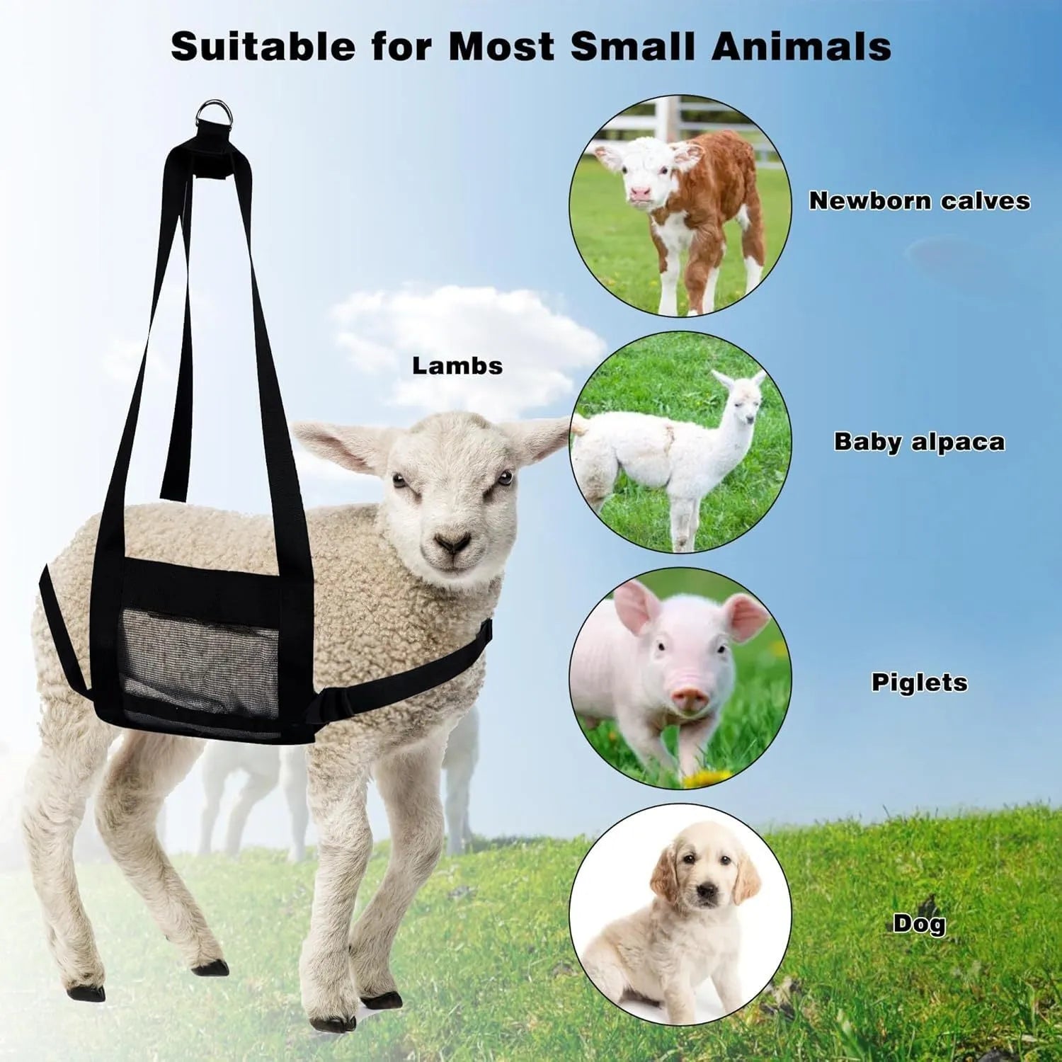 Large black sling for weighing dogs and livestock calves, dimensions 35cm by 150cm.