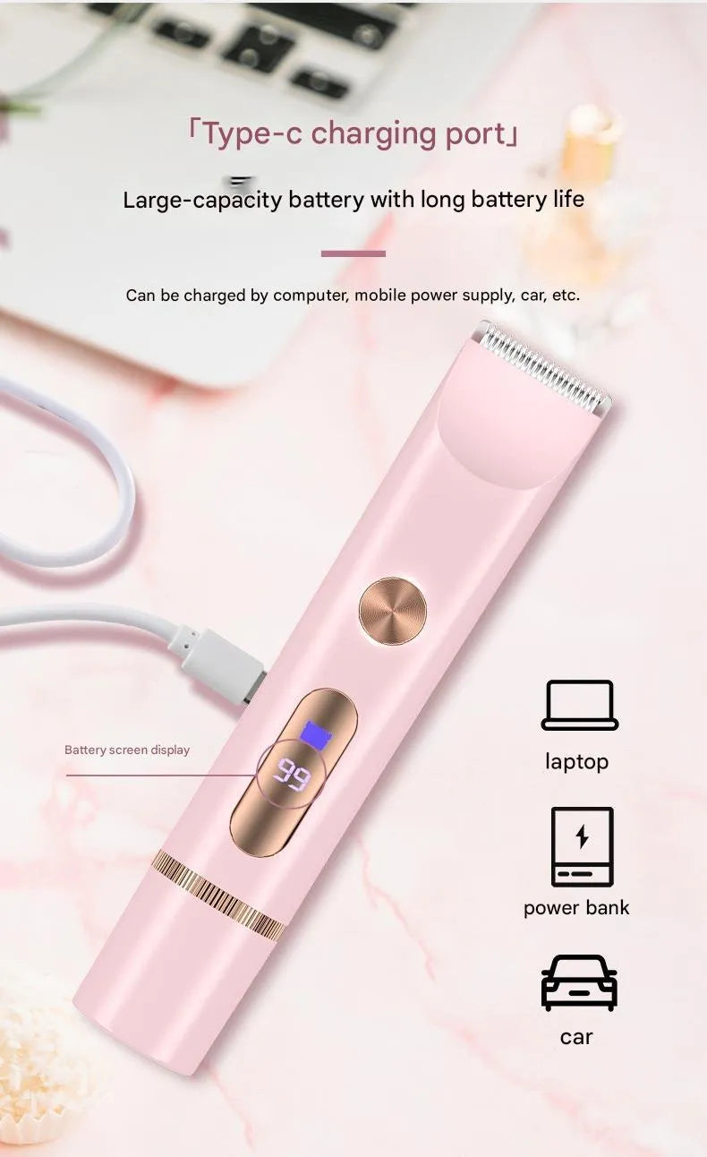 Women's cordless hair trimmer in pink, blue, and purple for dry and wet use