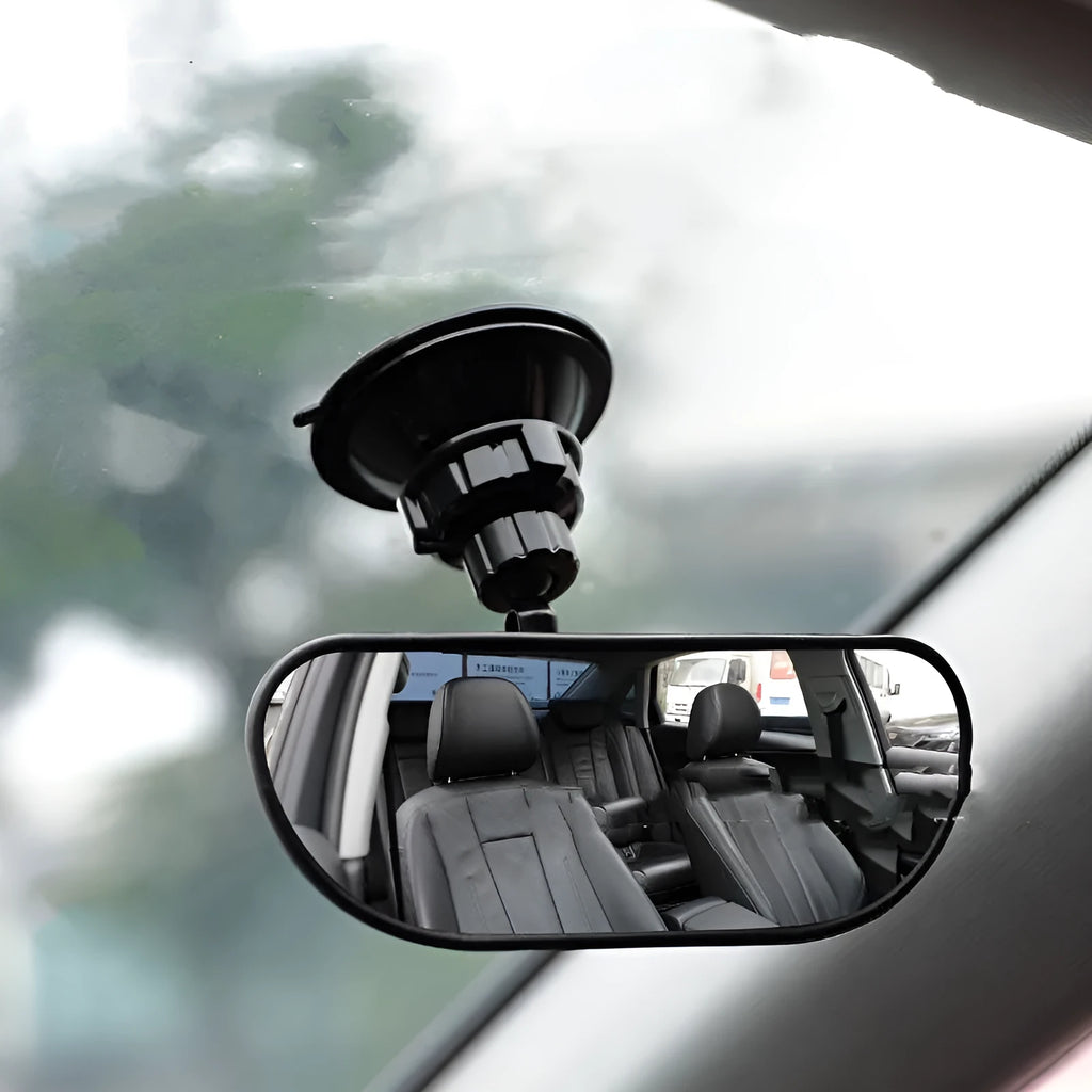 Black 360-degree rotation car rearview mirror showing adjustable mounting options