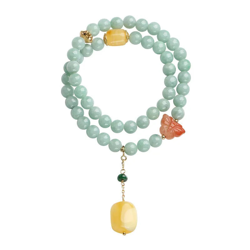 Double-layer women's bracelet with jade round beads and beeswax barrel beads in geometric retro design
