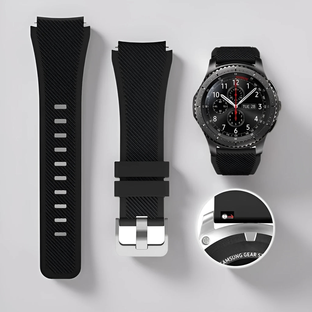 Silicone watch strap in 20mm and 22mm widths, shown in assorted colours including black, white, rose red, and blue.