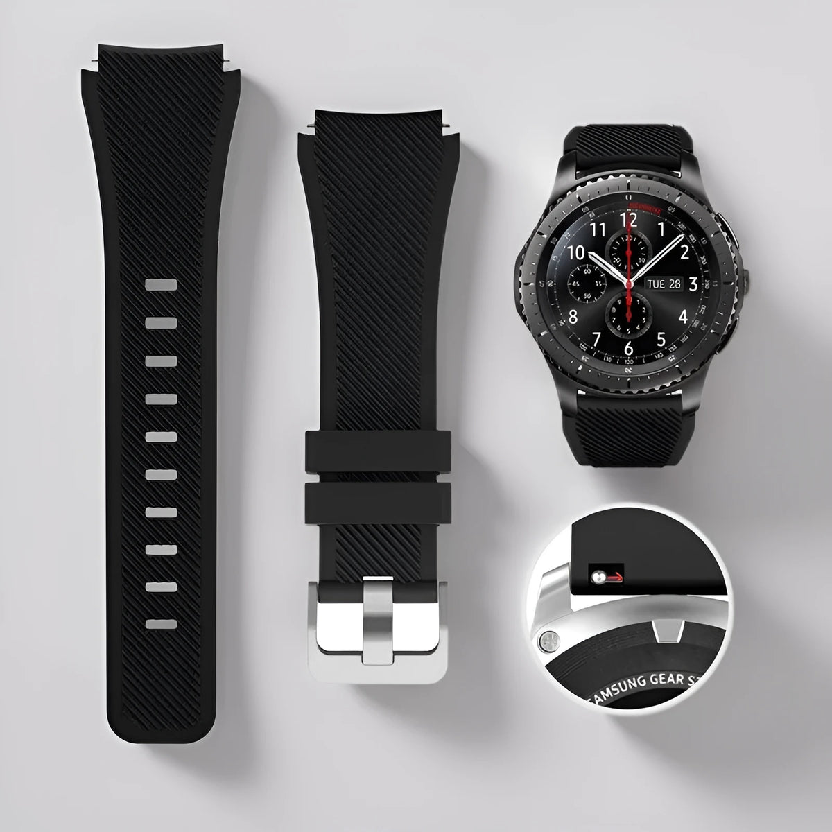 Silicone watch strap in 20mm and 22mm widths, shown in assorted colours including black, white, rose red, and blue.