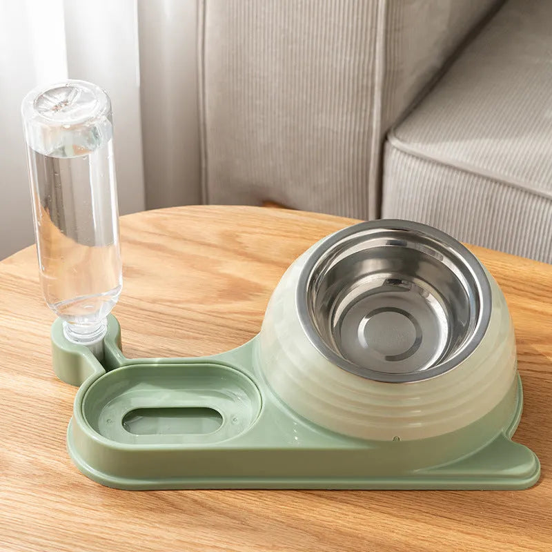 Brown automatic cat water dispenser and elevated food bowl set on a floor.
