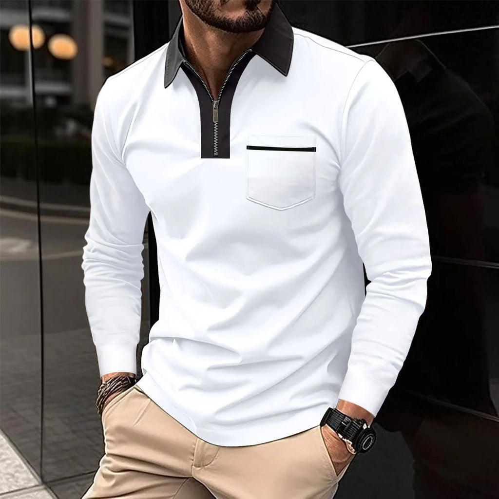 Men's long sleeve zip-up polo shirt with lapel collar in two-tone colour, cotton blend, sizes S-3XL.