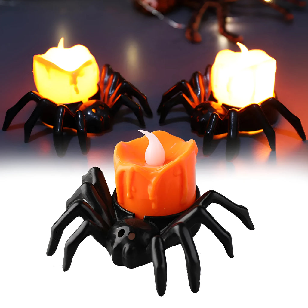 Plastic Halloween spider candlestick ornament with battery-operated candle light.