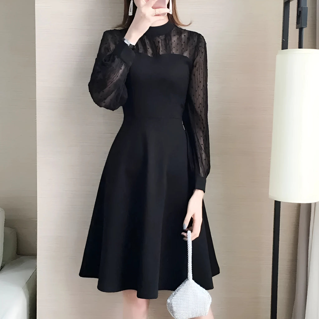 Black solid colour polyester lace long sleeve underdress with slimming fit on female model