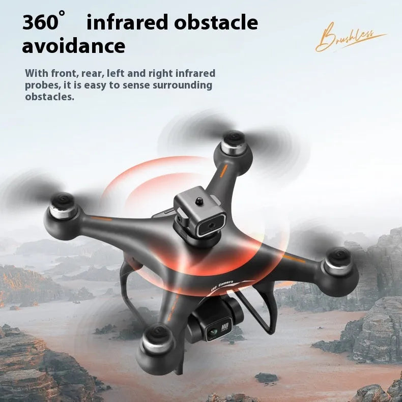 Black S116 brushless quadcopter drone with four obstacle avoidance sensors, shown with remote controller.