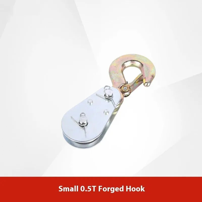 Red industrial steel lifting pulley with a safety latch on the hook for secure lifting.