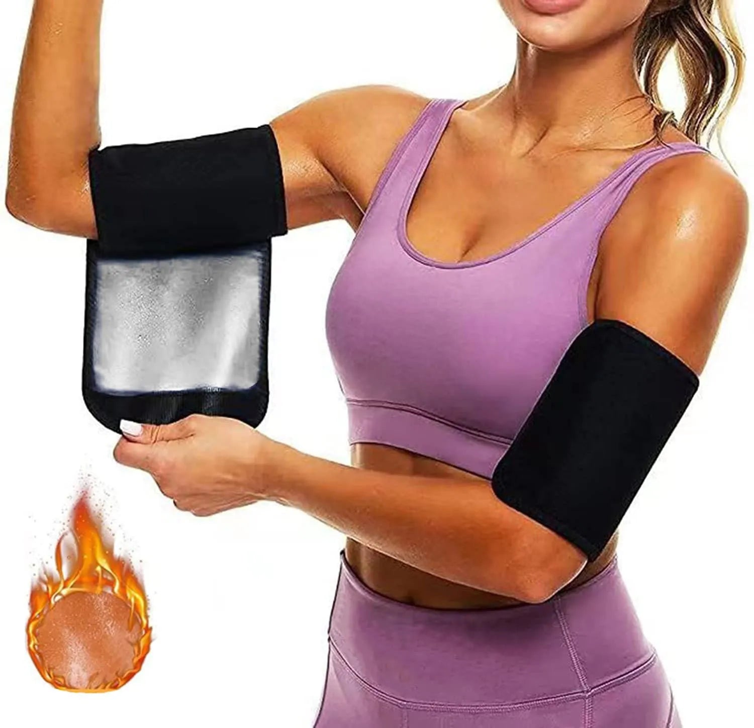 Adjustable black and red neoprene arm sweatband with Velcro strap wrapped around an upper arm.