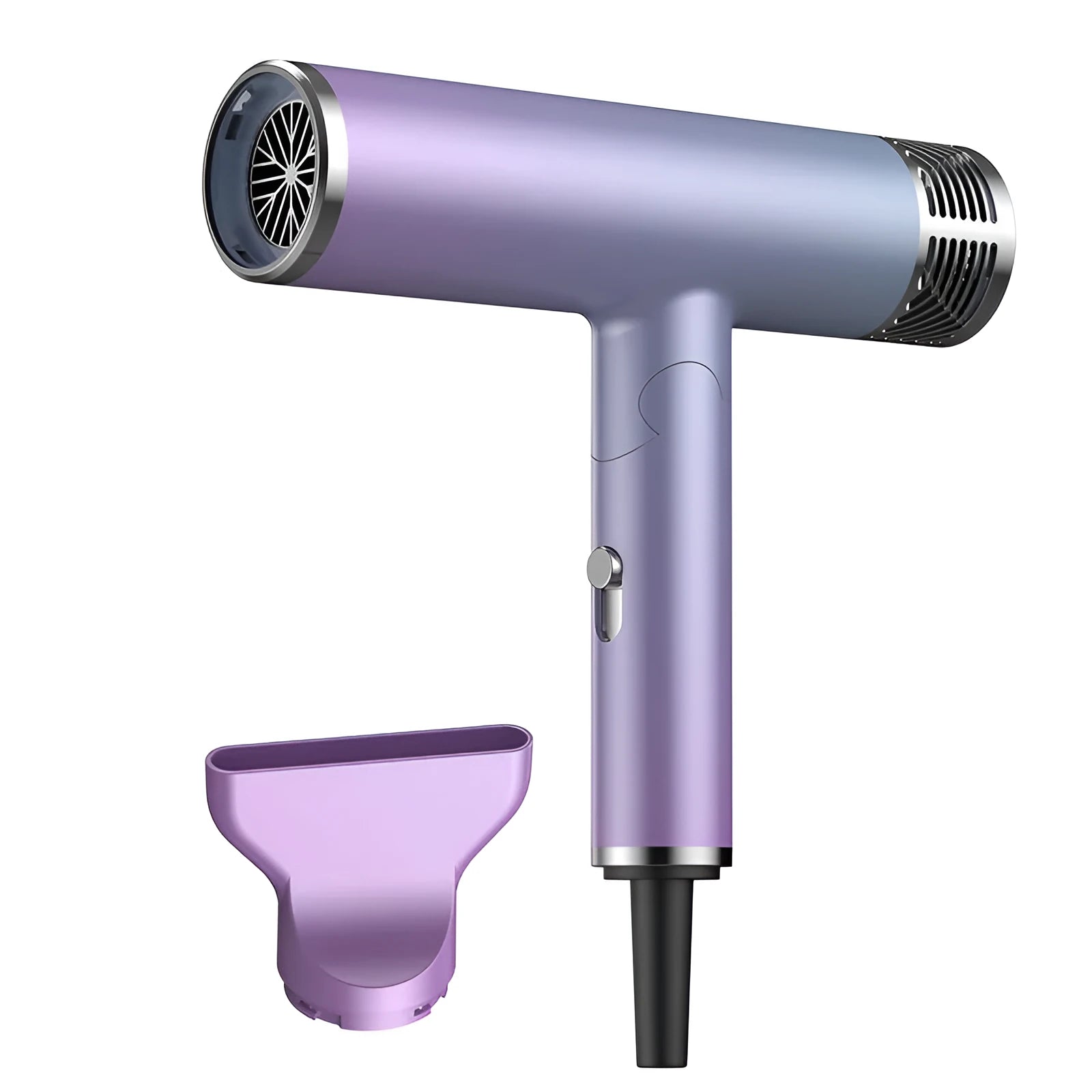 Compact foldable hair dryer in green or purple colour, shown in folded and unfolded positions.