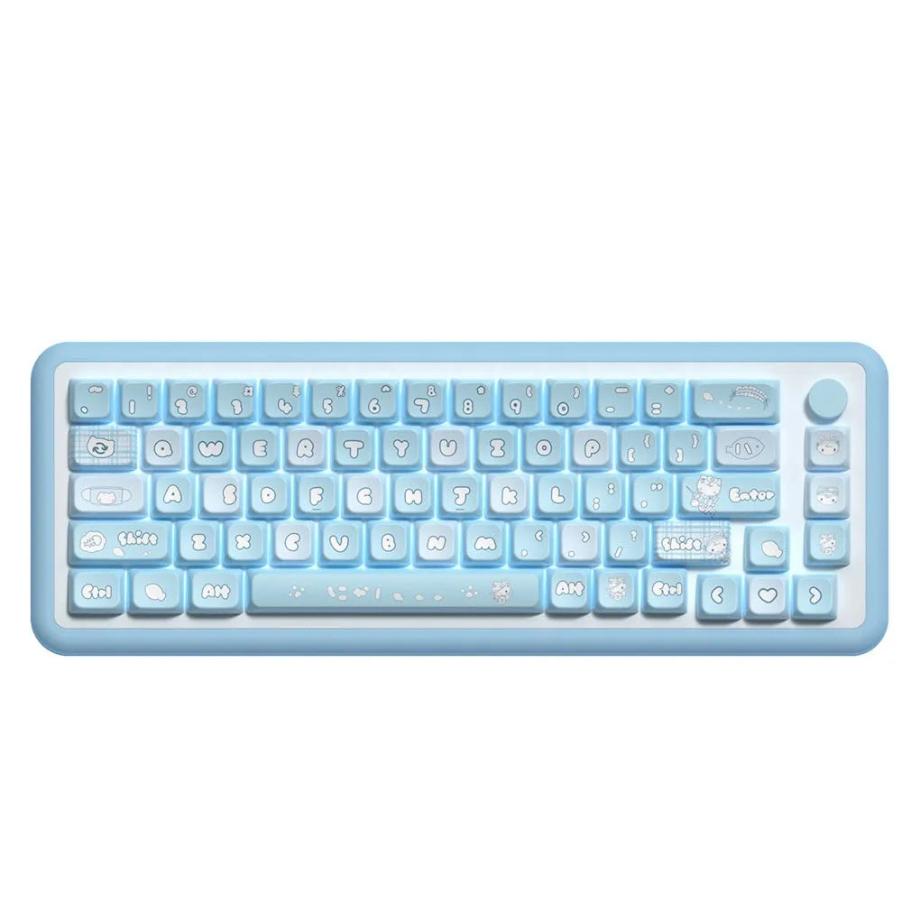 Watercolour cat design custom keycap set for mechanical keyboards, showing multiple PTB keycaps with opaque legends.