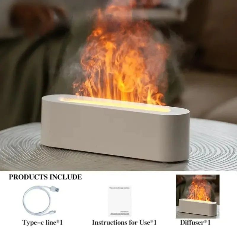 White square DQ709 flame aroma diffuser humidifier with glowing orange flame effect and water mist.