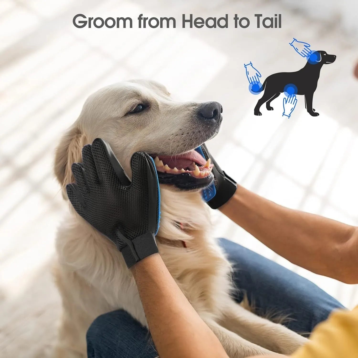 Blue silicone pet grooming gloves with 255 massage tips for dogs and cats
