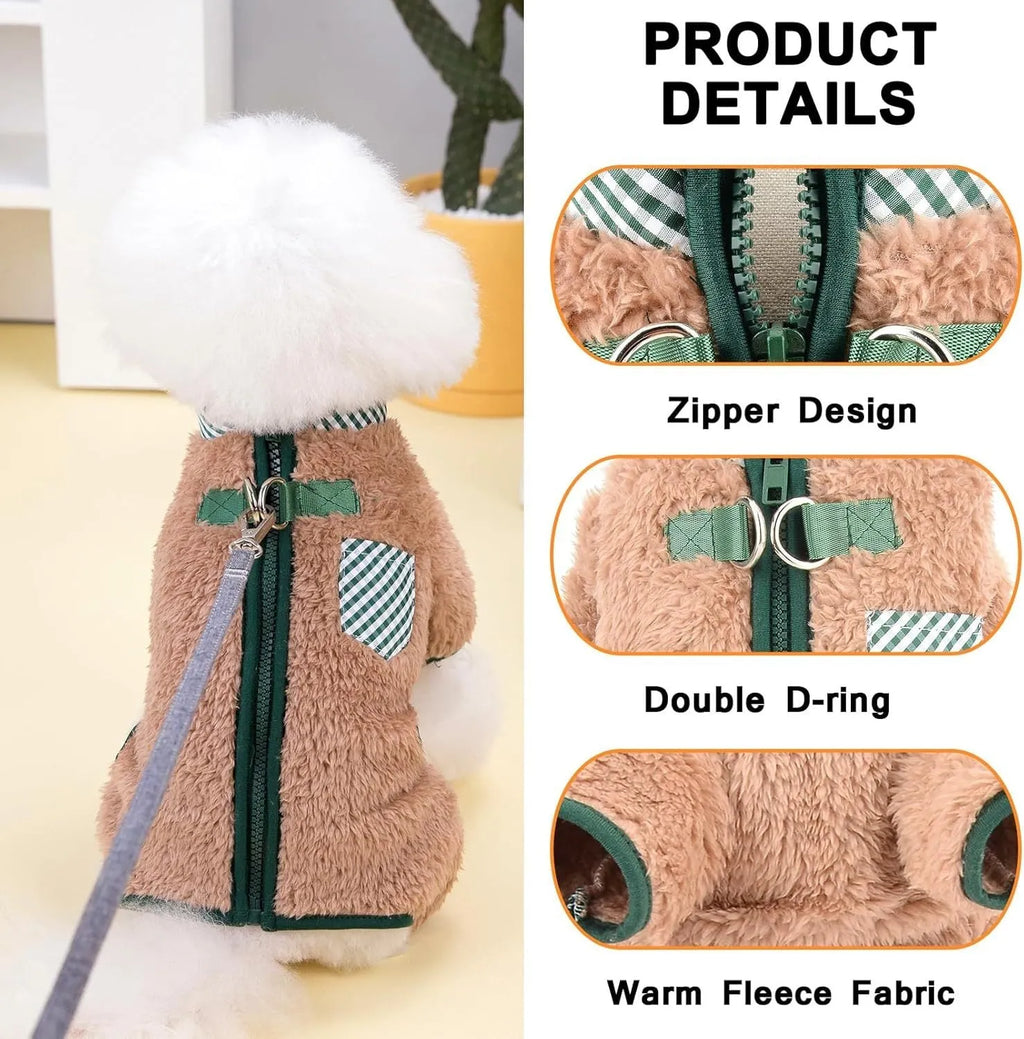 Small dog wearing green fleece coat with back zipper, four-leg winter pajamas for Chihuahua size