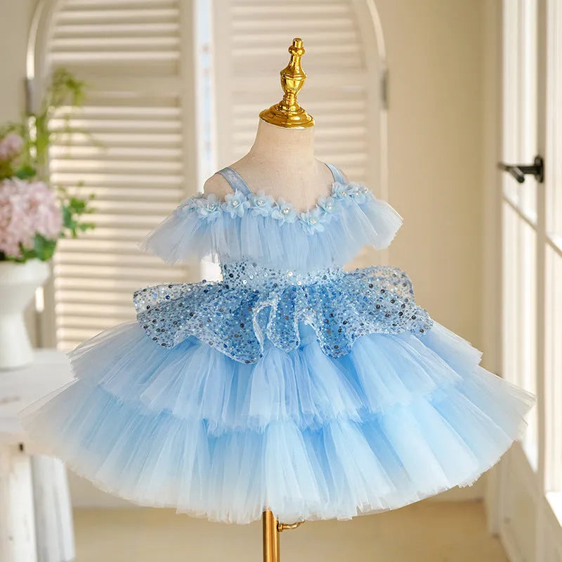 Sky blue children's princess dress made from polyester fibre, suitable for heights 80-150cm, for birthday parties and piano recitals