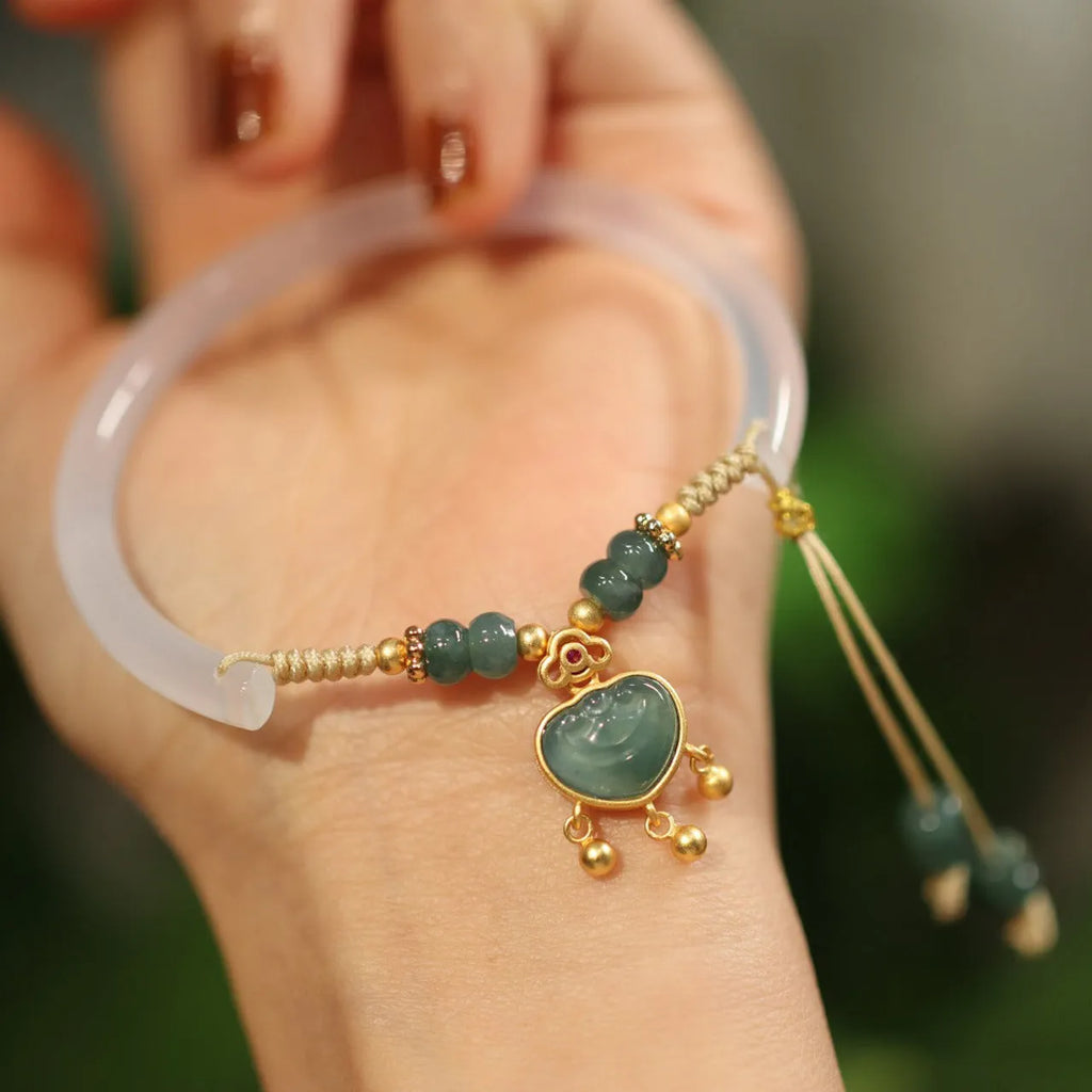 White agate chalcedony half bracelet with blue water lock blessing detail, Chinese style women's jewellery