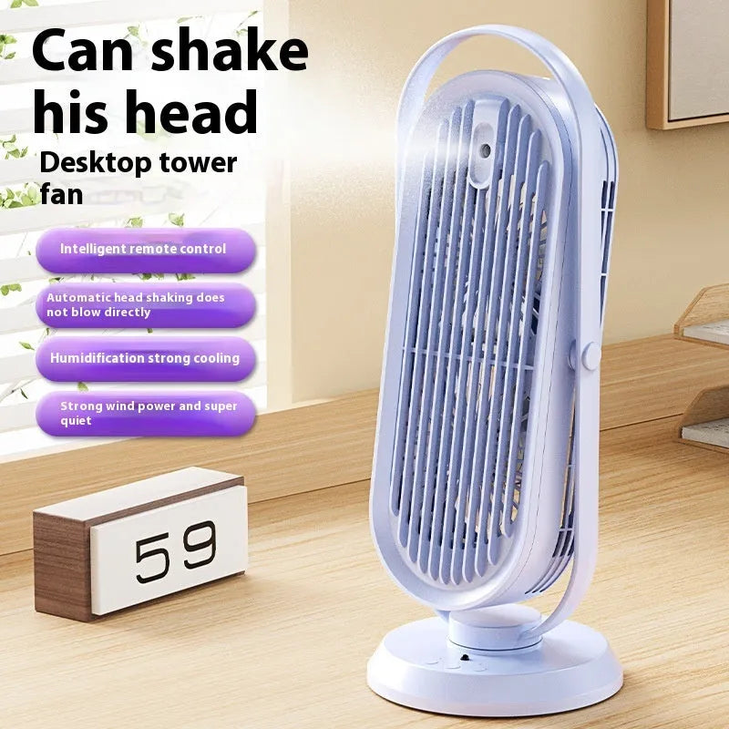 Desktop tower fan with humidifier spray function in white finish with USB cable and remote control