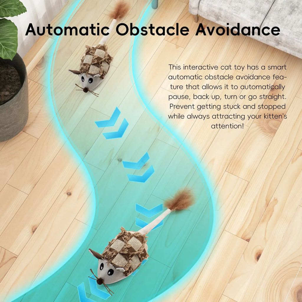 Electronic motion cat toy with moving mouse mechanism in blue or yellow colour, featuring detachable feathers and compact 18cm design