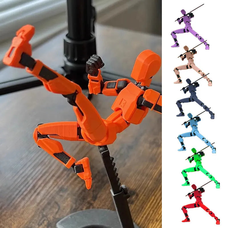 3D printed multi-jointed robot action figure model with movable joints on a desk.
