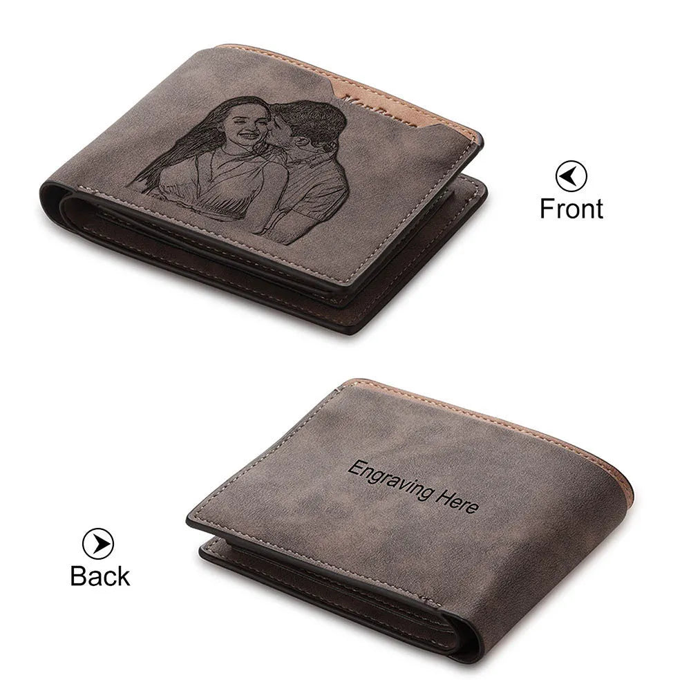 Coffee coloured PU leather engraved horizontal short wallet showing personalised text.