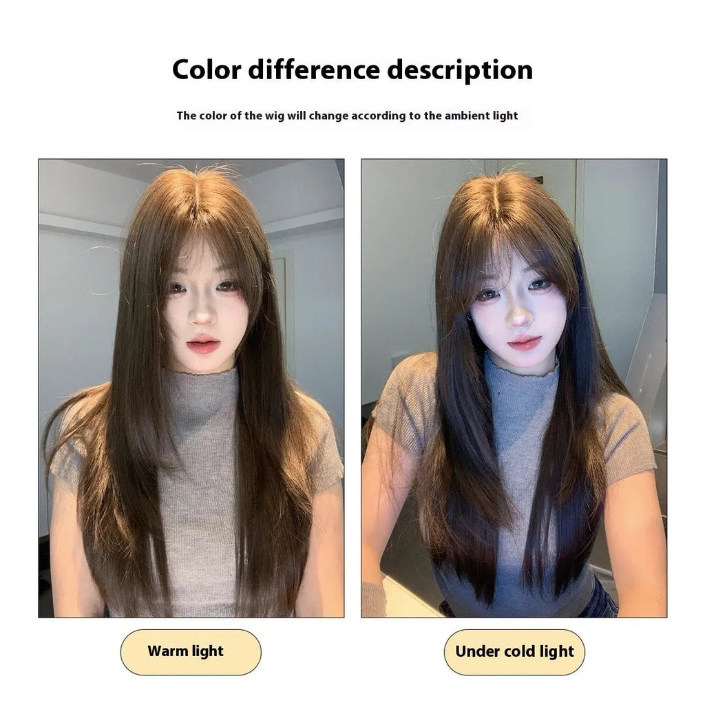 Cold brown straight layered synthetic women's wig with lace front on display