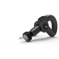 Black smart muscle massage gun with five different attachment heads on a grey background.