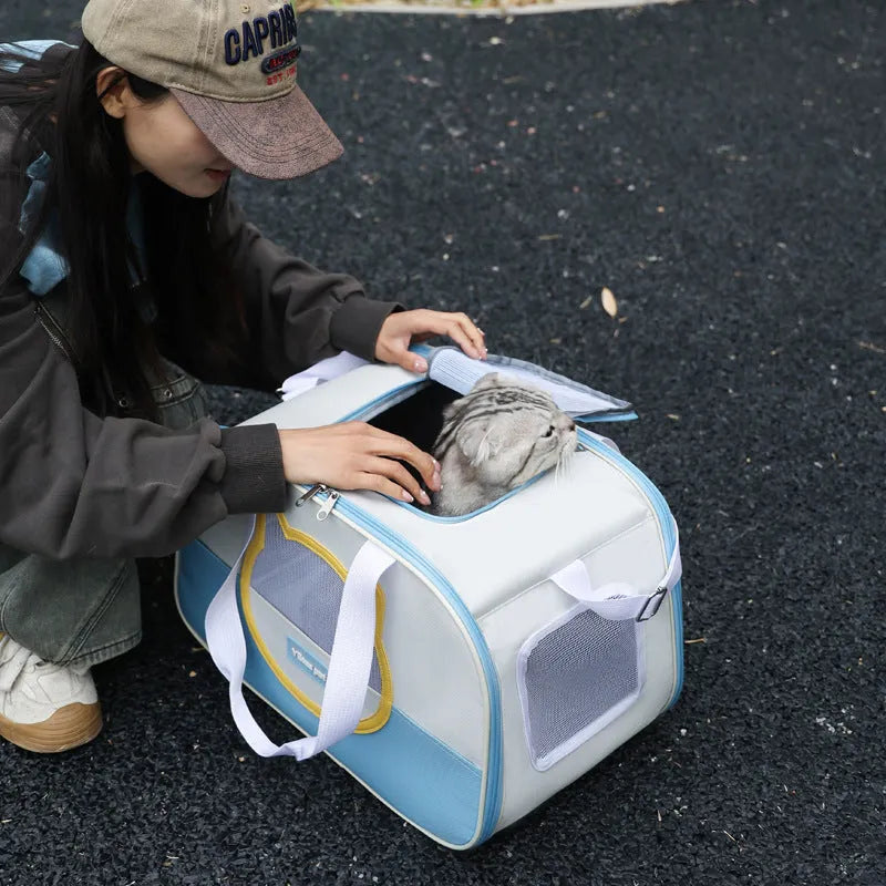 Foldable cat backpack carrier in Oxford cloth with large capacity and breathable design for pet transport