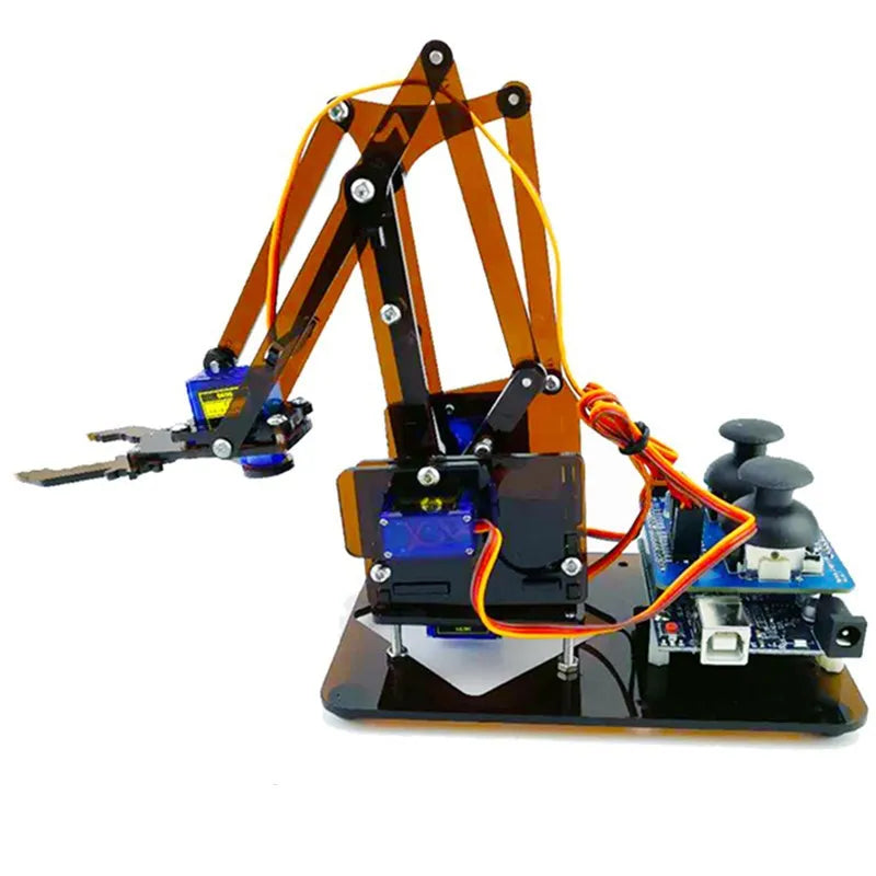 Manipulator robot arm kit with brown and blue acrylic brackets, SG90 servo, and dual rocker control module