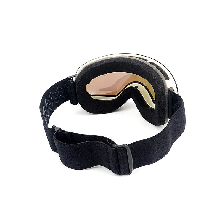 Double layer anti fog skiing mirror with TPU frame and PC lens, available in black, blue, and red.