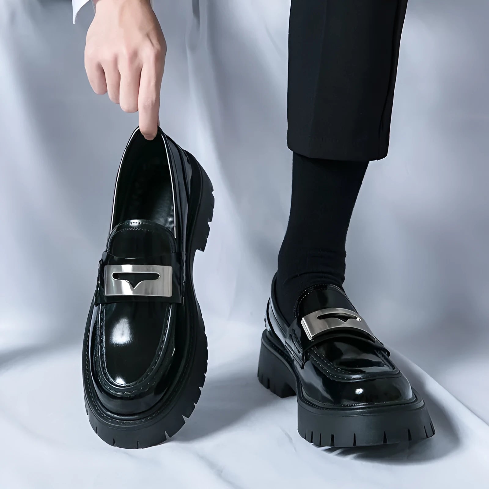 Men's glossy black platform loafers with hidden low heel for summer wear