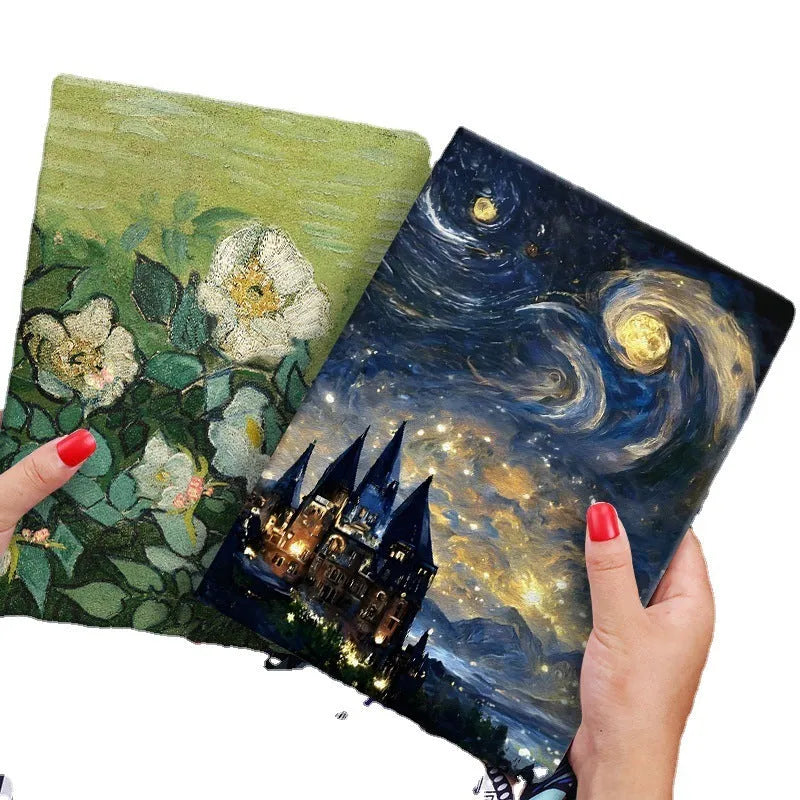 Handmade liquid silicone iPad flip case with floral oil painting design in Apricot Flower colour