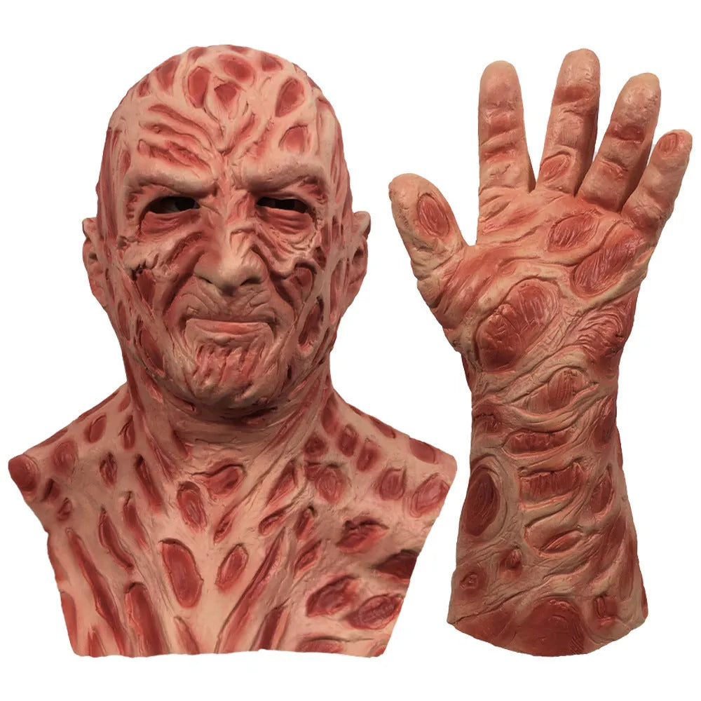 Skin colour latex horror grimace mask and gloves set for Halloween party performance props.