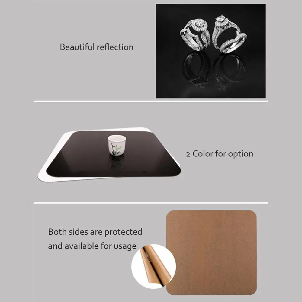 Black and white square acrylic reflection boards for product photography in 20cm, 30cm, and 40cm sizes.