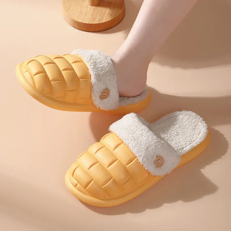 Pink and green plaid detachable slippers with a plush lining and textured EVA sole.