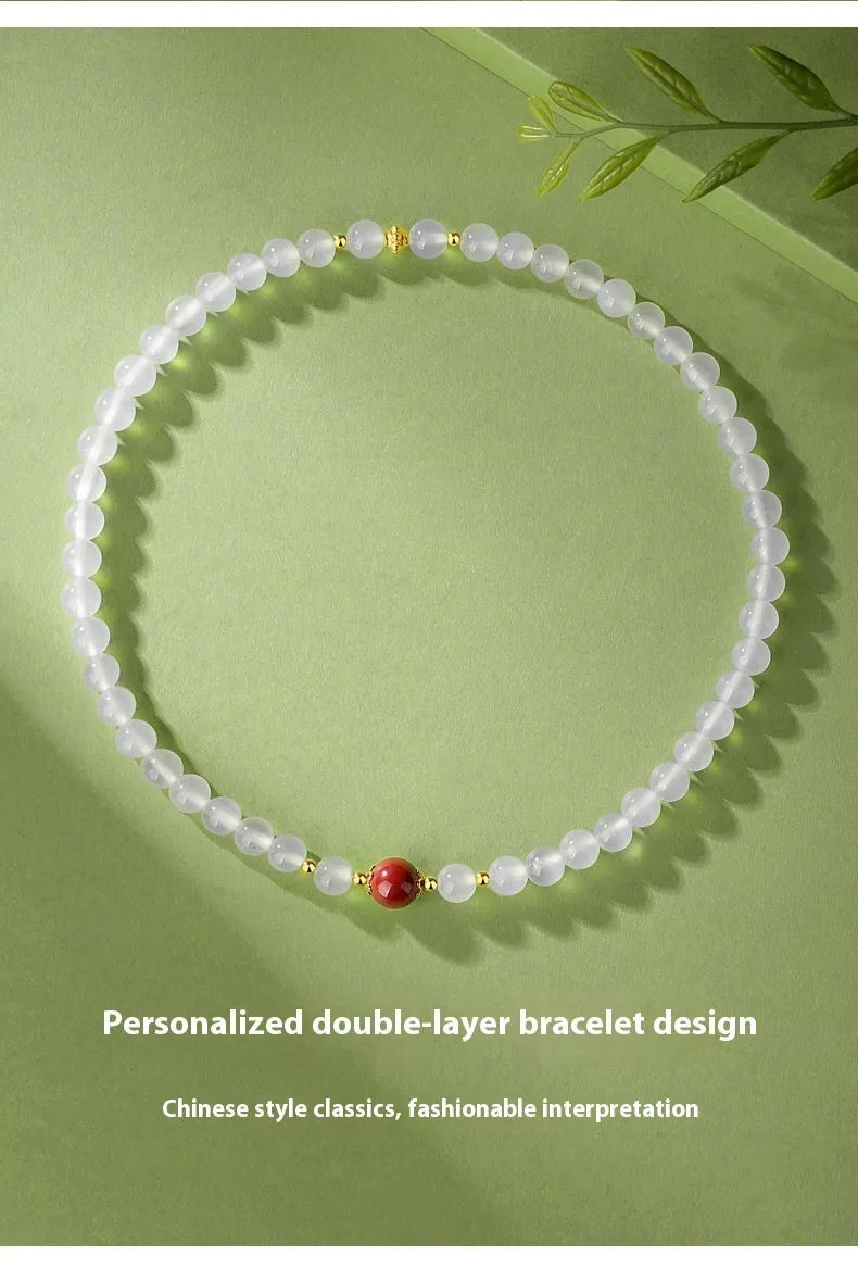 White agate double layer women's bracelet with jequirity bean cinnabar charm and geometric beads
