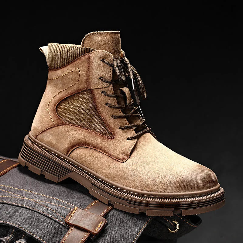 Men's frosted leather vintage Martin boots with thick rubber sole in black, shown on foot.