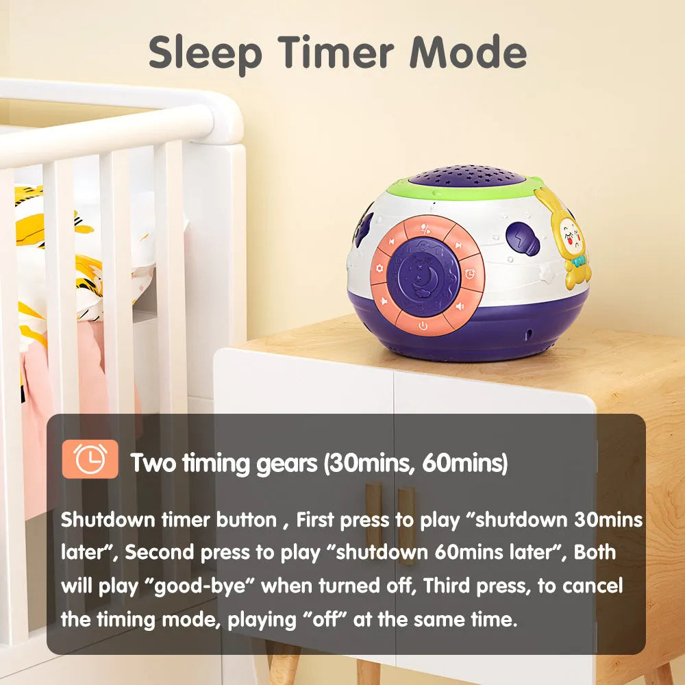 White plastic starry sky night light projector for children on a table, projecting blue stars onto a wall.