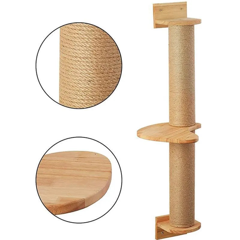Wooden wall-mounted cat climbing frame with flax scratching post and jump platform in wood colour