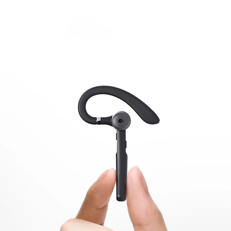 Black mono ear Bluetooth headset with hanging ear loop design, showing IPX6 waterproof and active noise cancellation features.