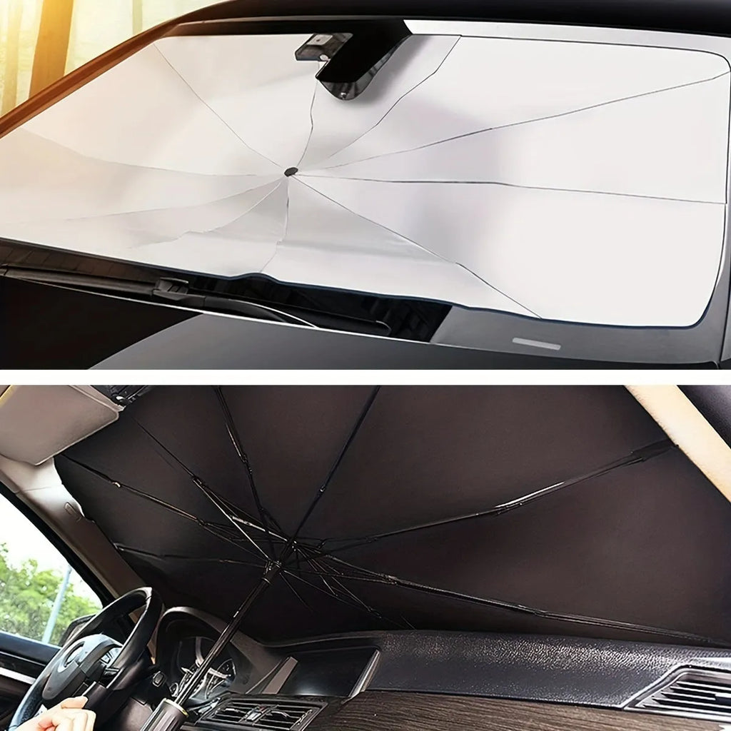 Foldable car windshield sunshade umbrella showing automatic rebound button and composite peptide material