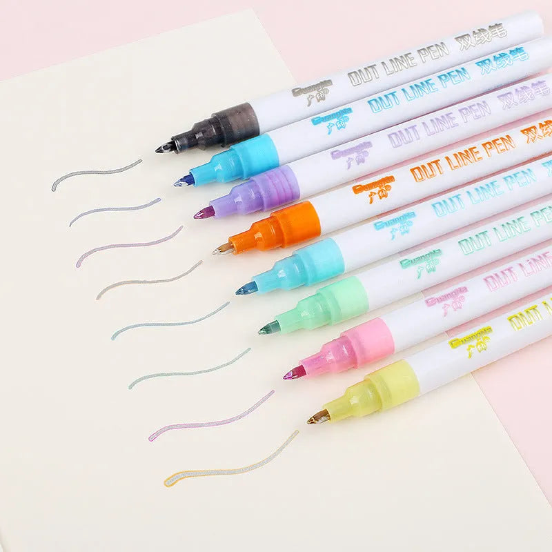 Set of colourful highlighter pens with plastic nibs and water-based ink, showing 1-2mm line width on paper