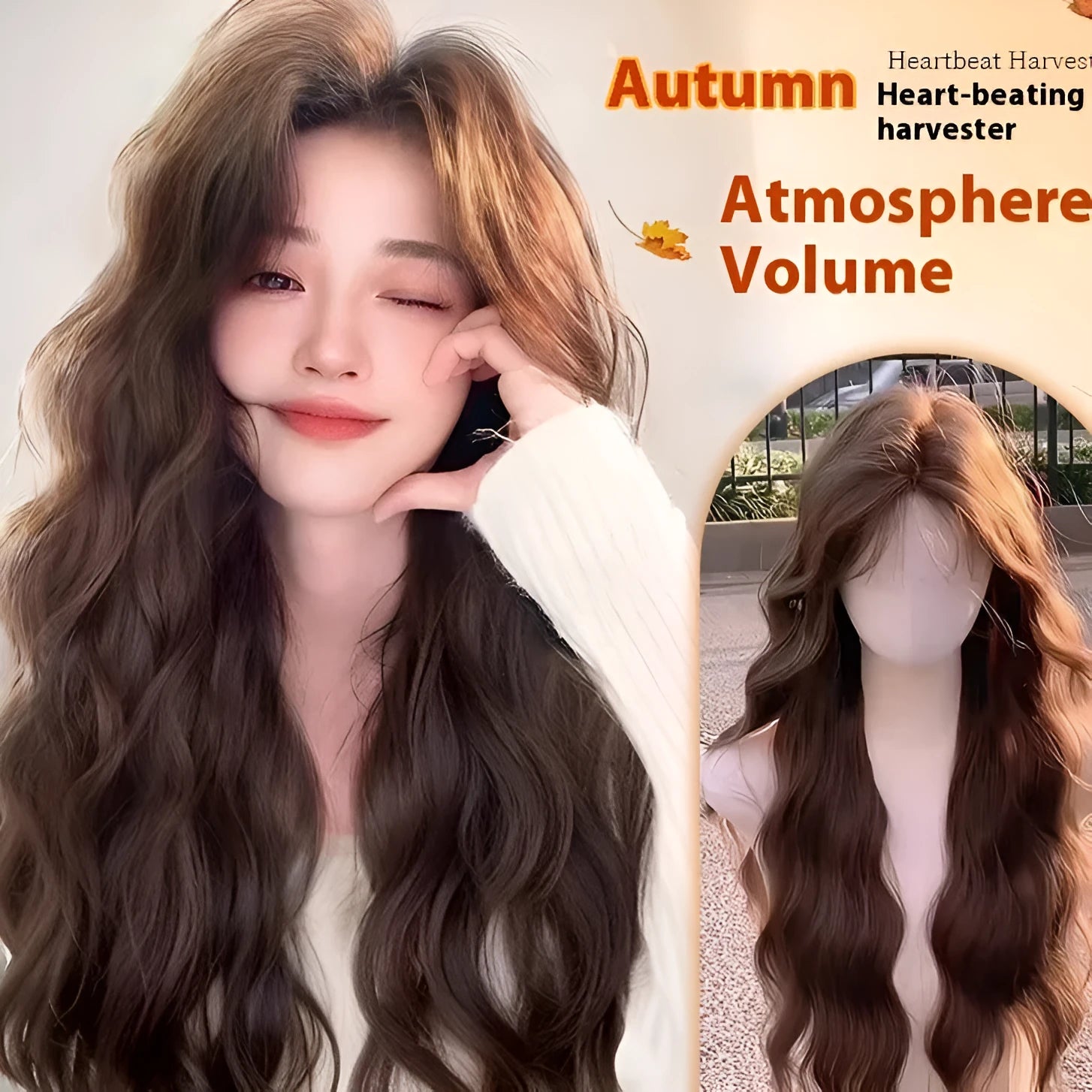 Long curly synthetic wig with side-swept bangs in cold brown colour
